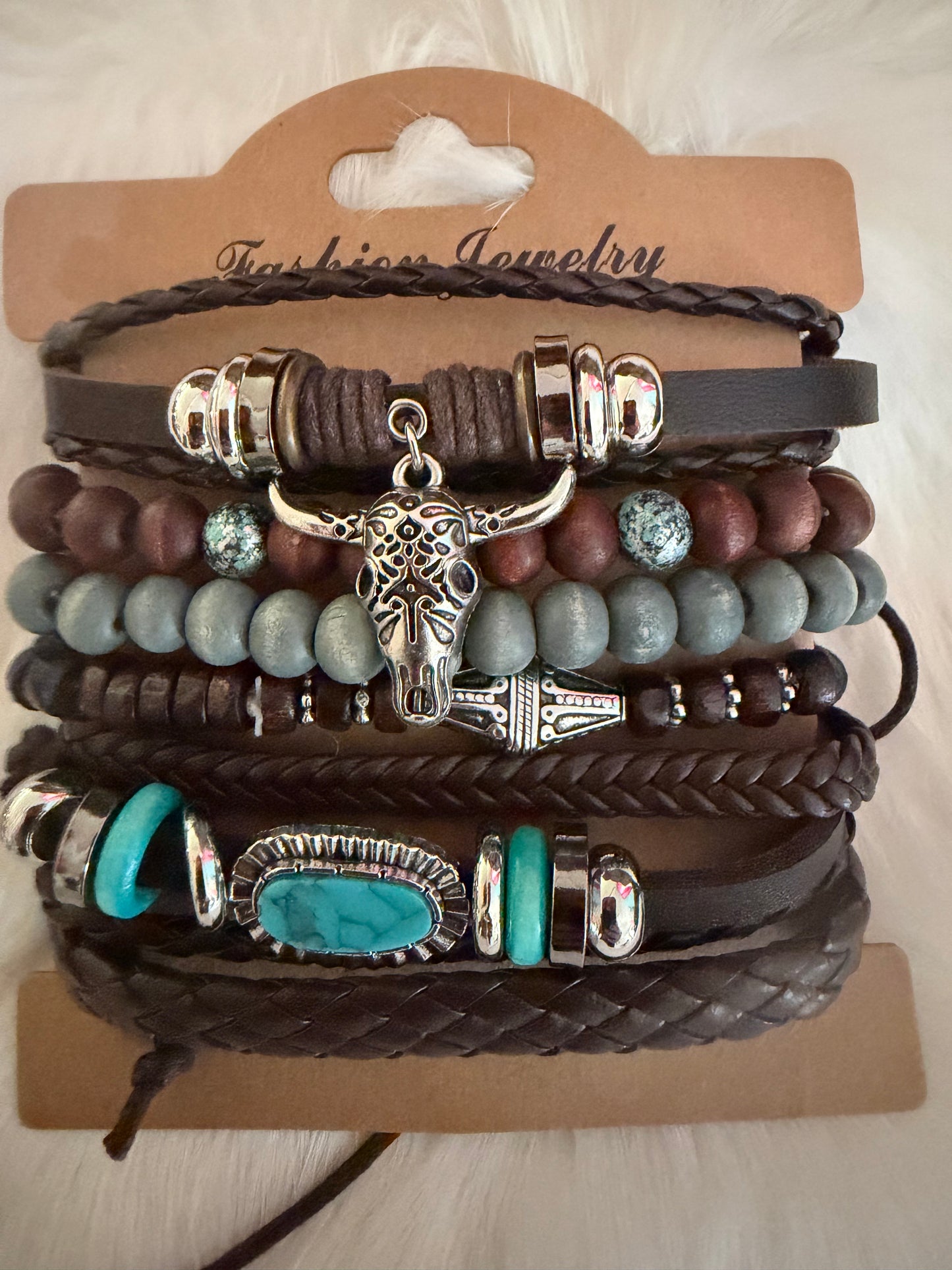 Turquoise Skull Stacked Leather Bracelets