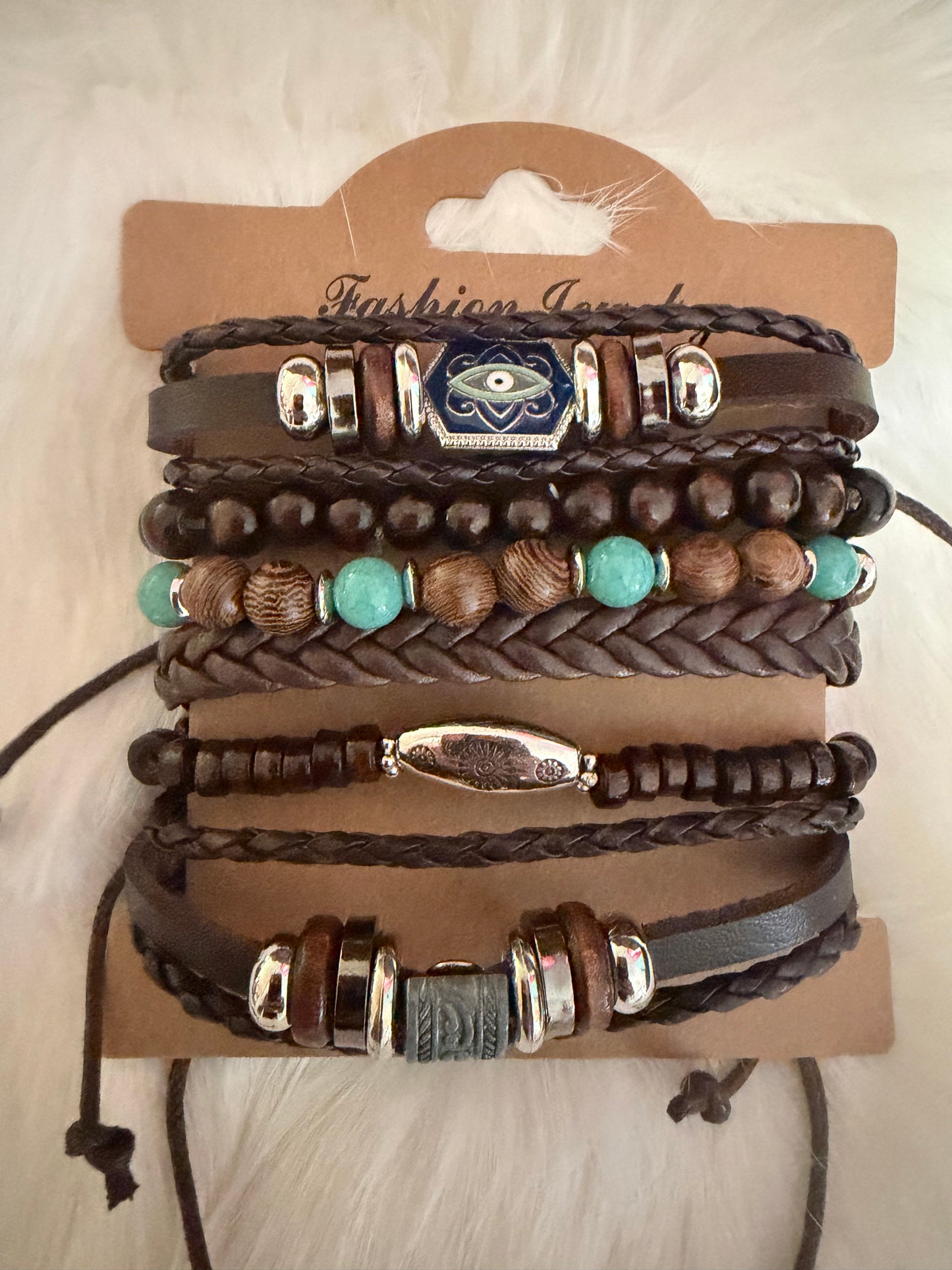 Turquoise Brown Beaded Stacked Leather Bracelets
