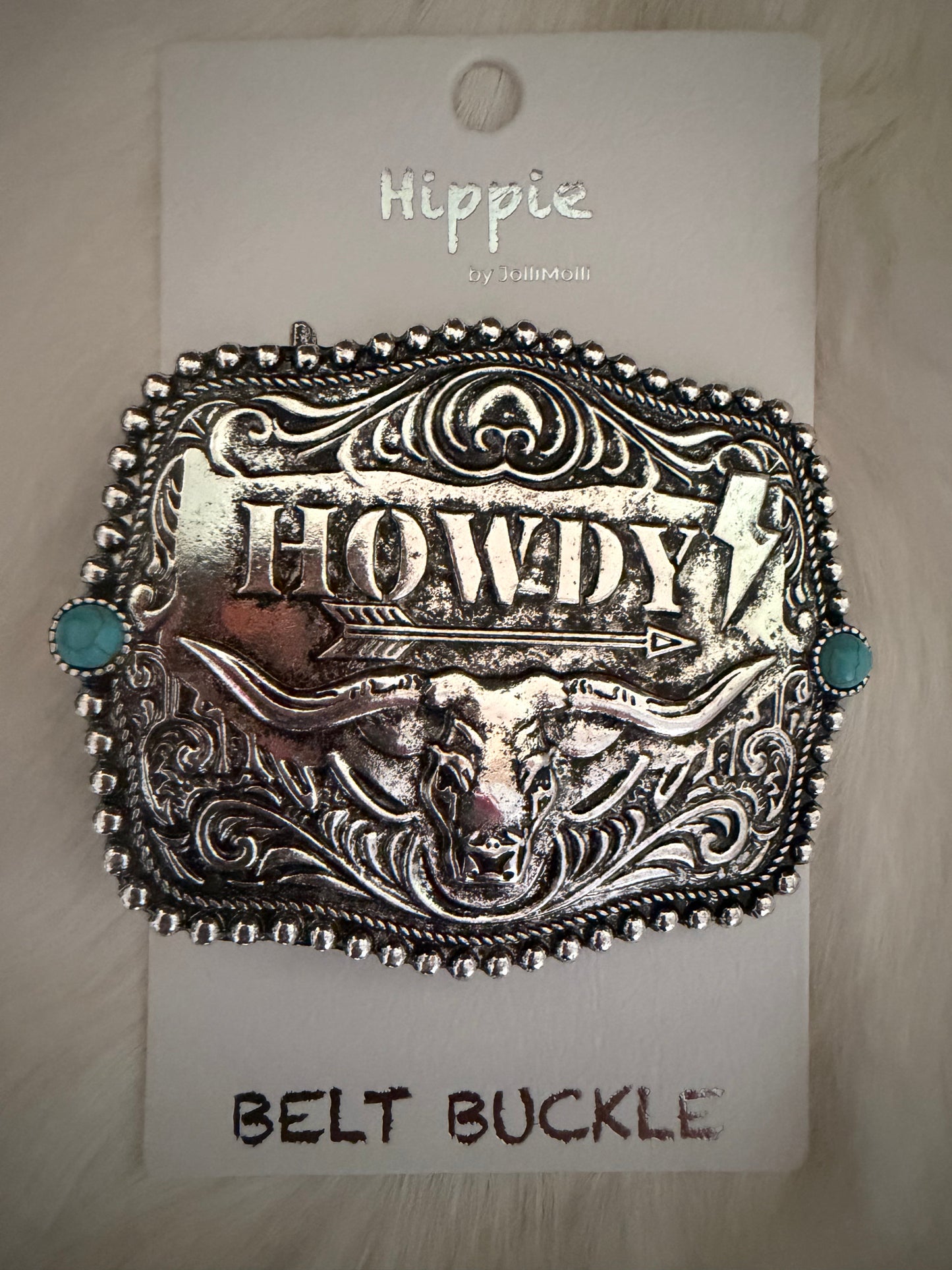 Turquoise Gem and Silver Howdy Skull Buckle