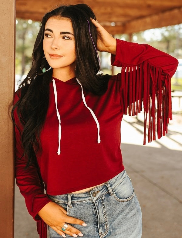 Lucky & Blessed Fringe Hooded Crop Top