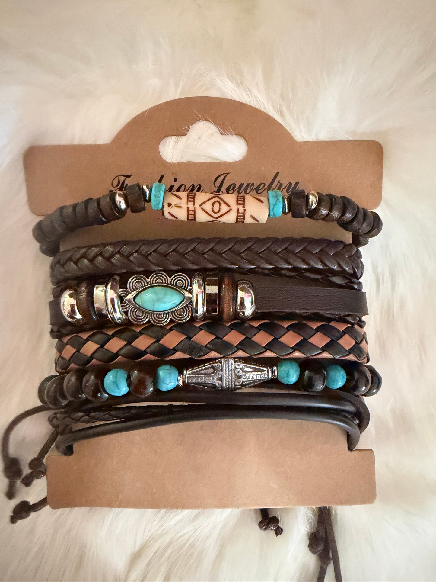 Turquoise Brown Stacked Leather Bracelets