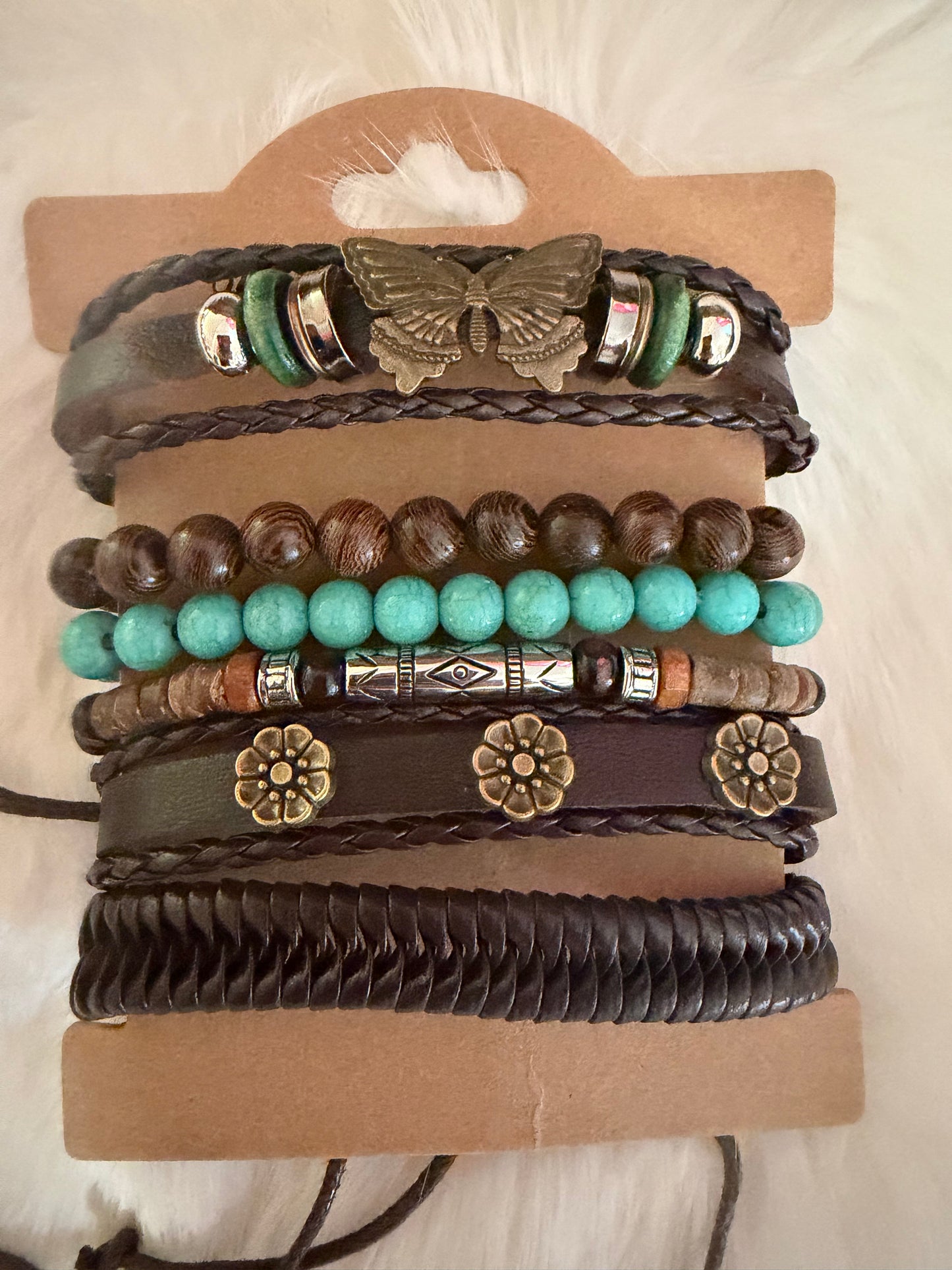 Brown Leather Turquoise Butterfly and Flower Bracelet