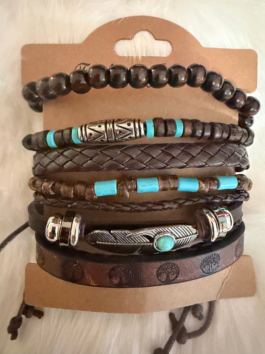 Turquoise and brown leather feather bracelet