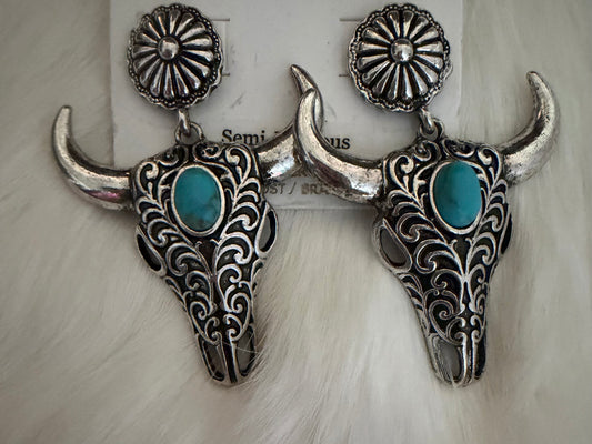 Silver Skull Earrings with Turquoise Gem